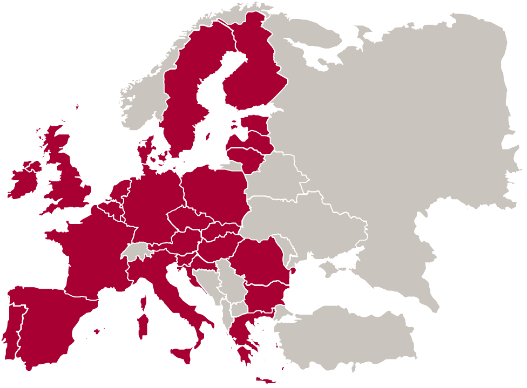Mapa Europy z zaznaczonymi krajami na czerwono.