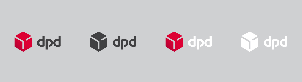 Logotyp DPD w czterech wariantach kolorystycznych: czerwonym, szarym i białym.