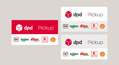 DPD Pickup: logo i partnerzy (Żabka, Dino, Kaufland, Shell) w punktach odbioru.